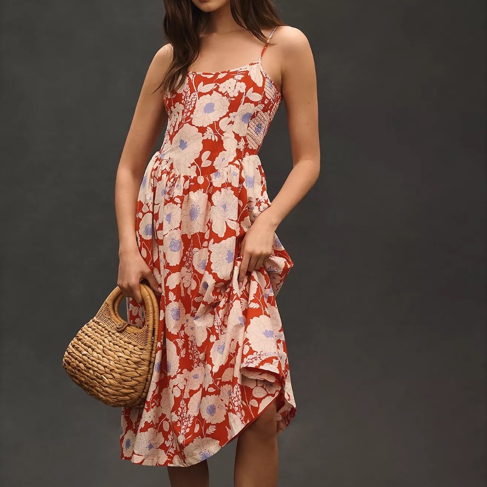 Maeve Anthropologie Sleeveless Midi Dress Ruched Back sz XS Red Floral NWT